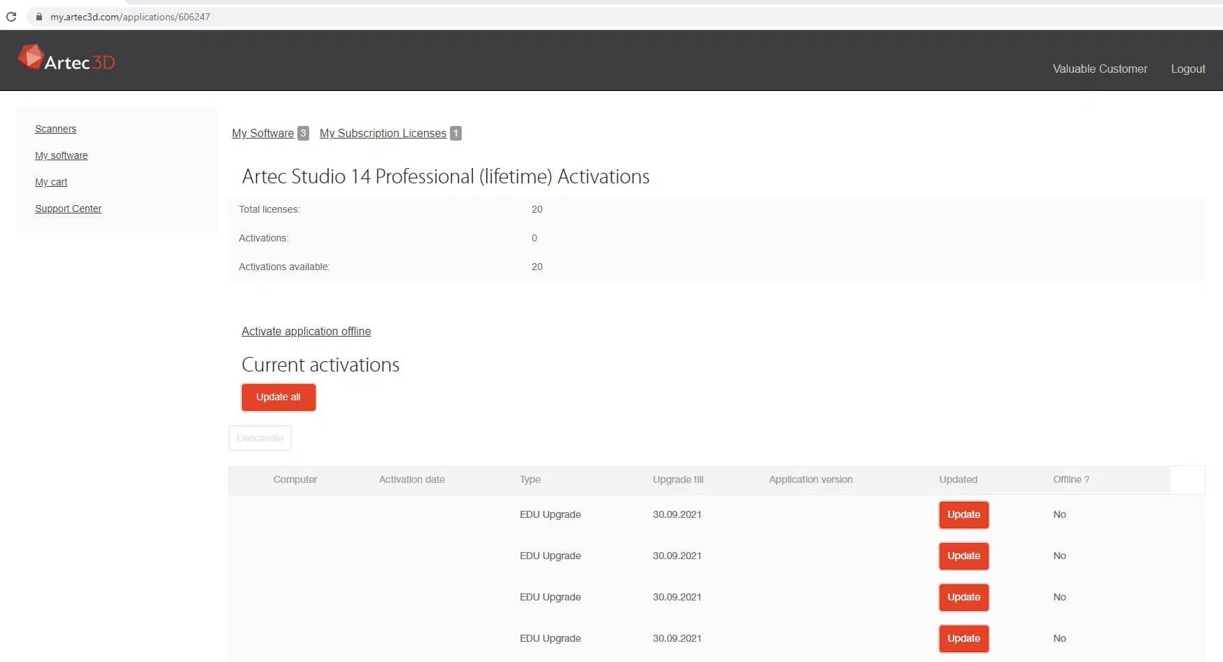 Artec Studio Update Screen