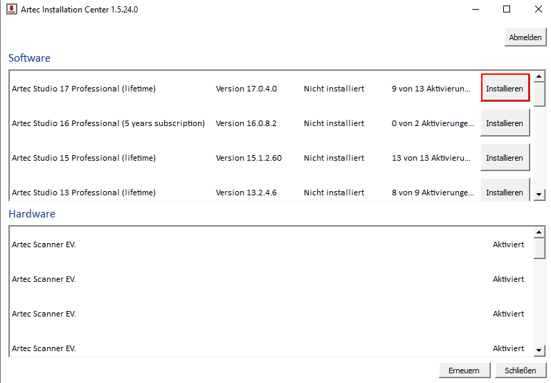 Artec Studio Installation Center